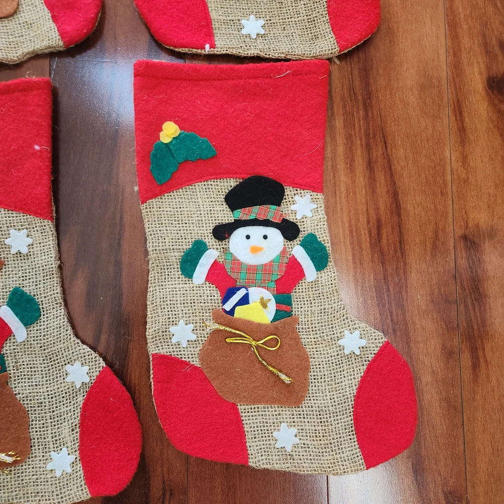 Set of 4 Burlap with Felt Applique Christmas Stockings